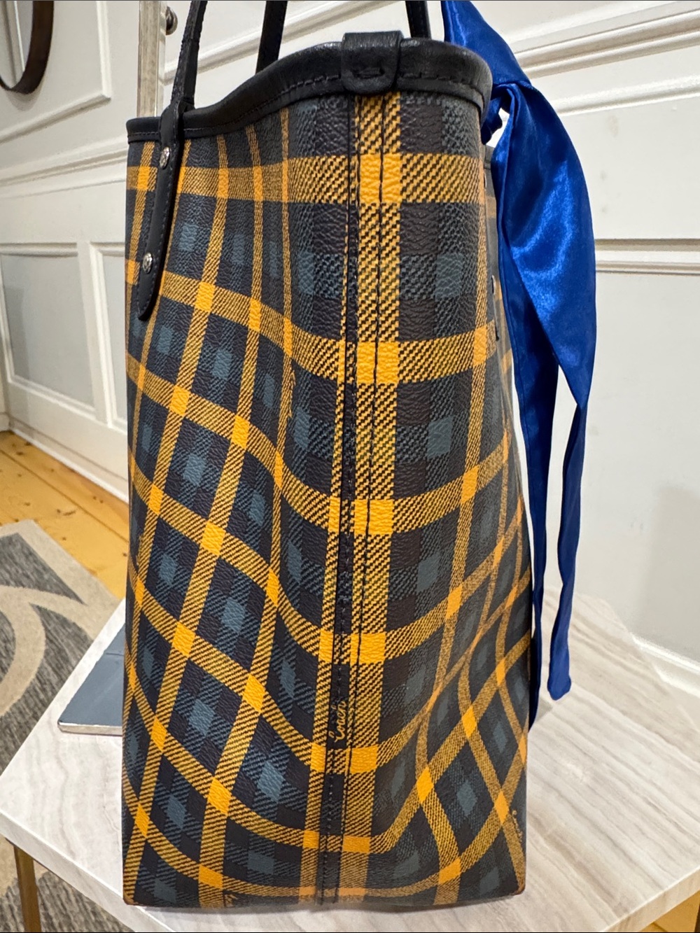 Coach Bag Reversible Plaid Checkered Yellow Blue City Tote with Removable Pouch - Picture 9 of 17